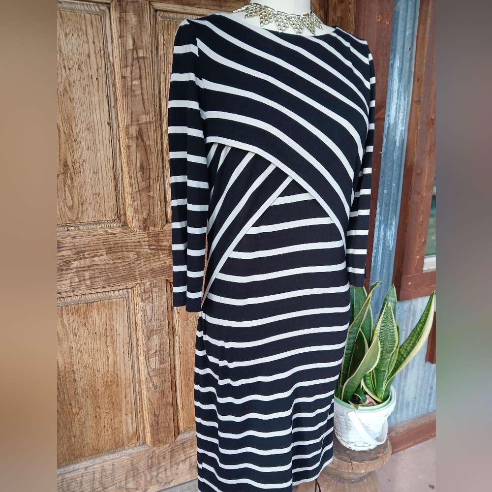 Joseph RIBKOFF Bodycon Black White Striped Dress MIDI Contemporary SIZE 8